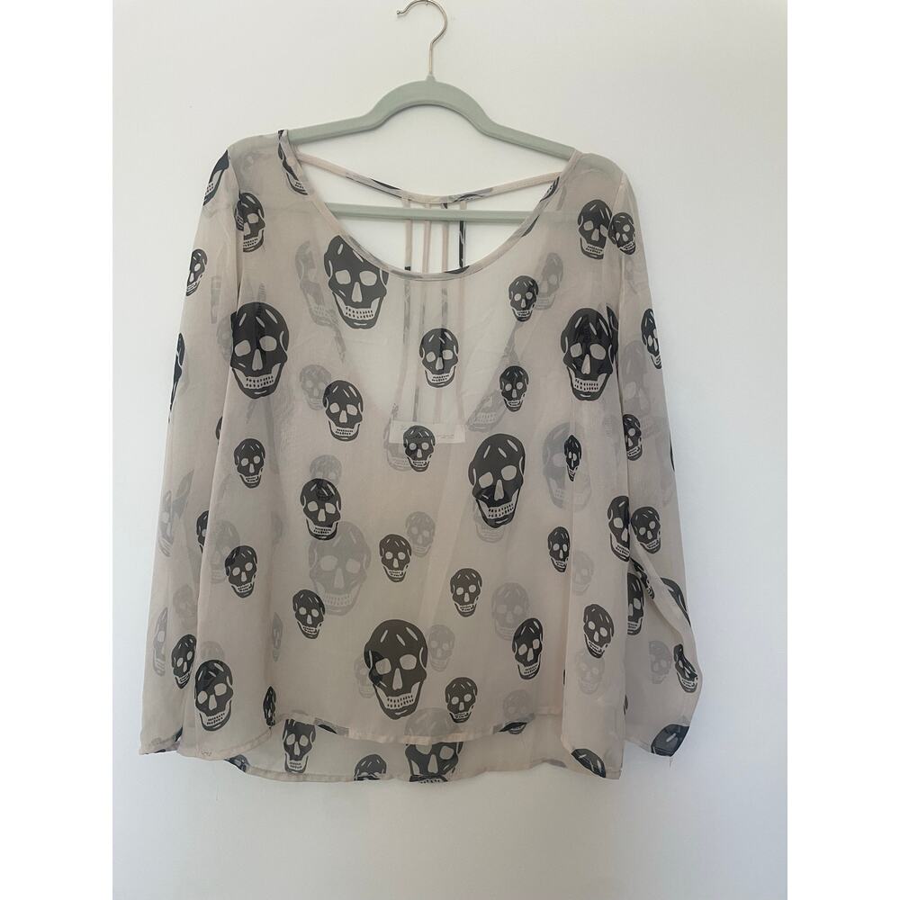 Vintage Havana Sheer Skull Print Caged Back Blouse Sz L